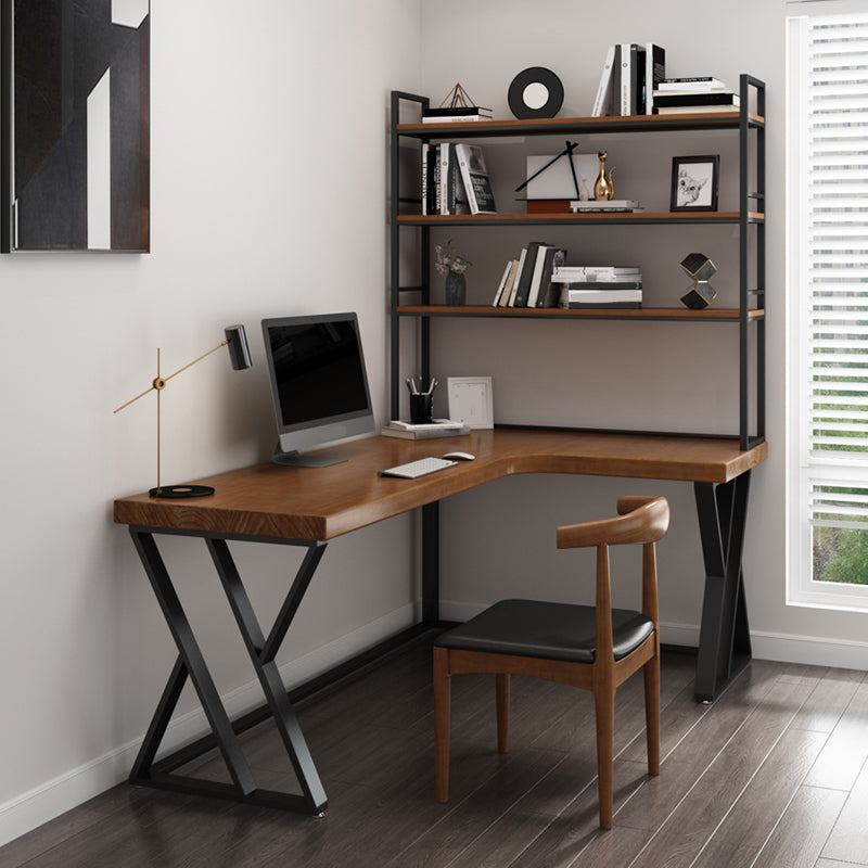 Solid Wood L-Shape Writing Desk Modern Office Desk with Bookshelf