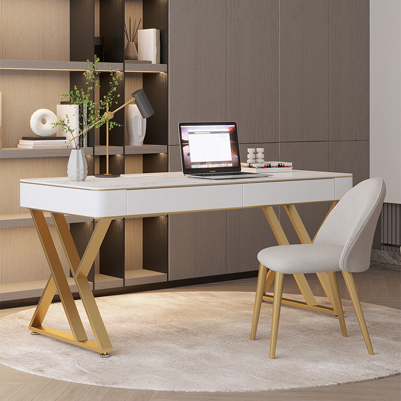 Glam Sintered Stone Office Desk 29.52 H White Writing Desk for Home