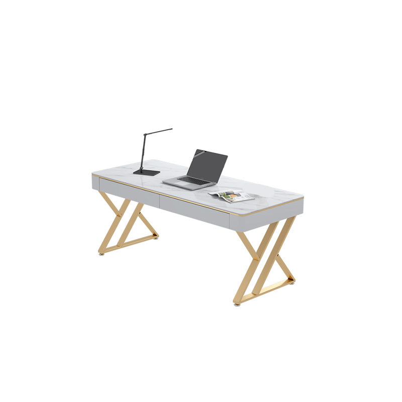 Glam Sintered Stone Office Desk 29.52 H White Writing Desk for Home