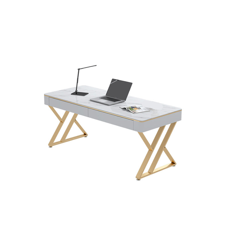 Glam Sintered Stone Office Desk 29.52 H White Writing Desk for Home