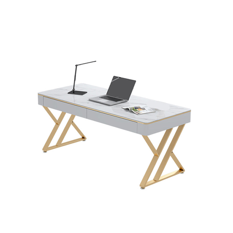 Glam Sintered Stone Office Desk 29.52 H White Writing Desk for Home