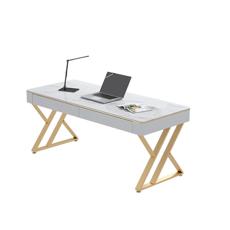 Glam Sintered Stone Office Desk 29.52 H White Writing Desk for Home