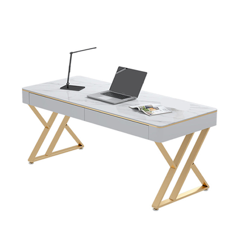 Glam Sintered Stone Office Desk 29.52 H White Writing Desk for Home