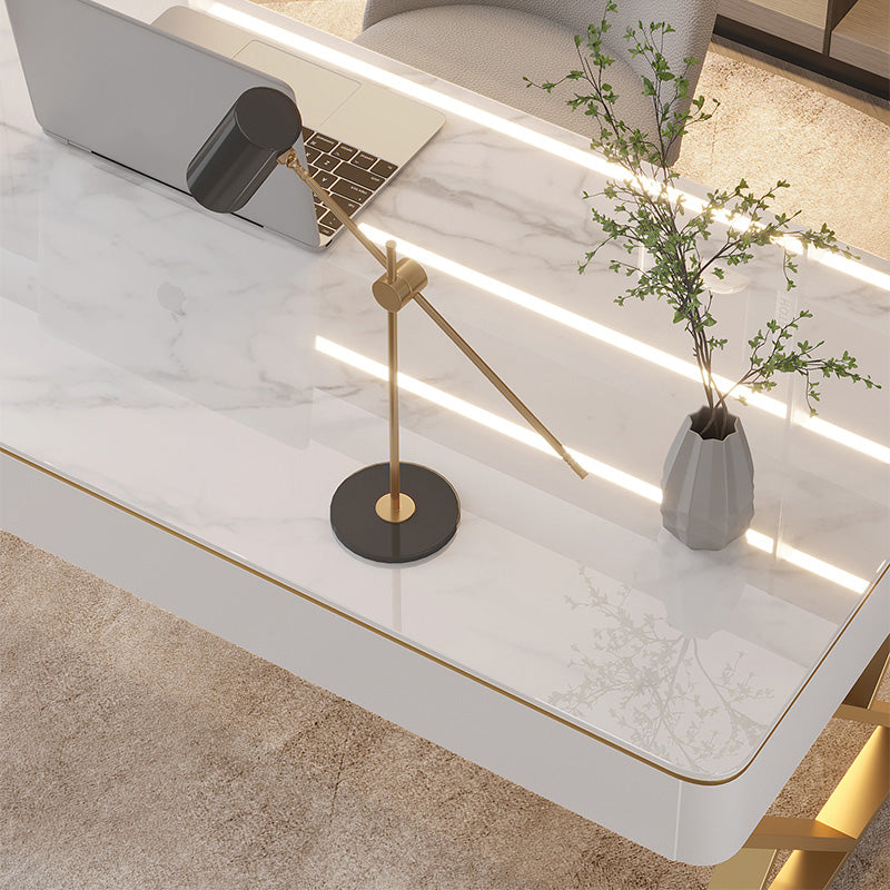 Glam Sintered Stone Office Desk 29.52 H White Writing Desk for Home