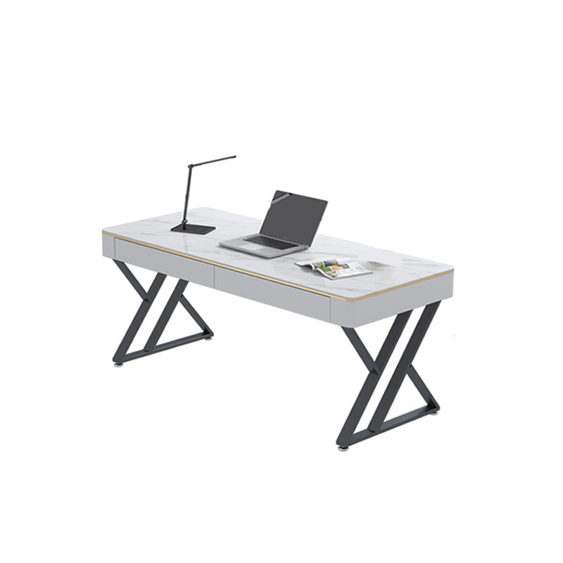 Glam Sintered Stone Office Desk 29.52 H White Writing Desk for Home