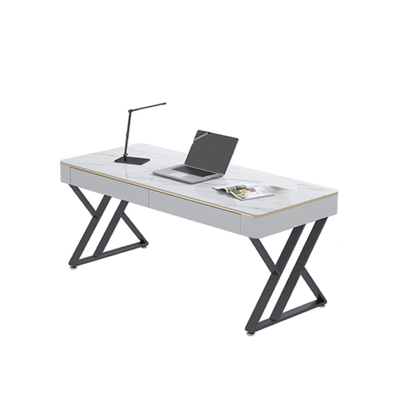 Glam Sintered Stone Office Desk 29.52 H White Writing Desk for Home