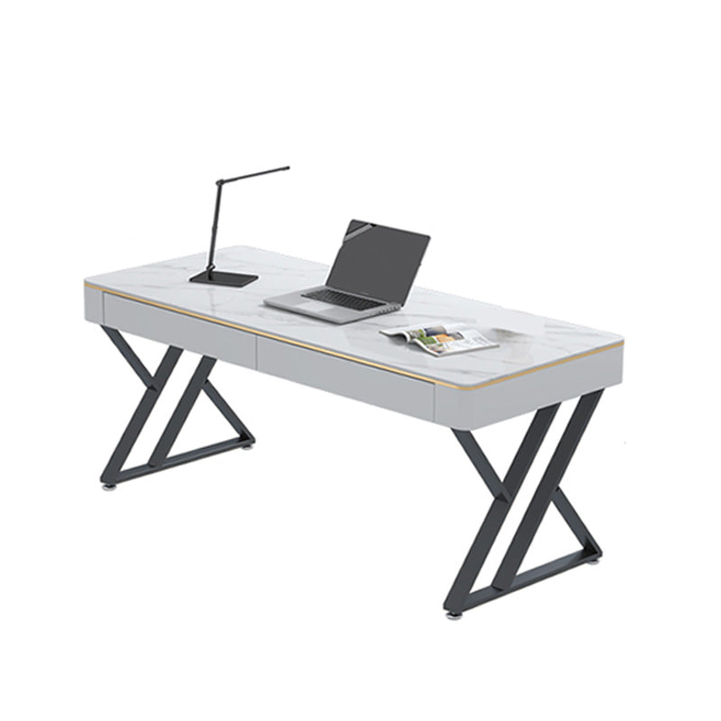 Glam Sintered Stone Office Desk 29.52 H White Writing Desk for Home