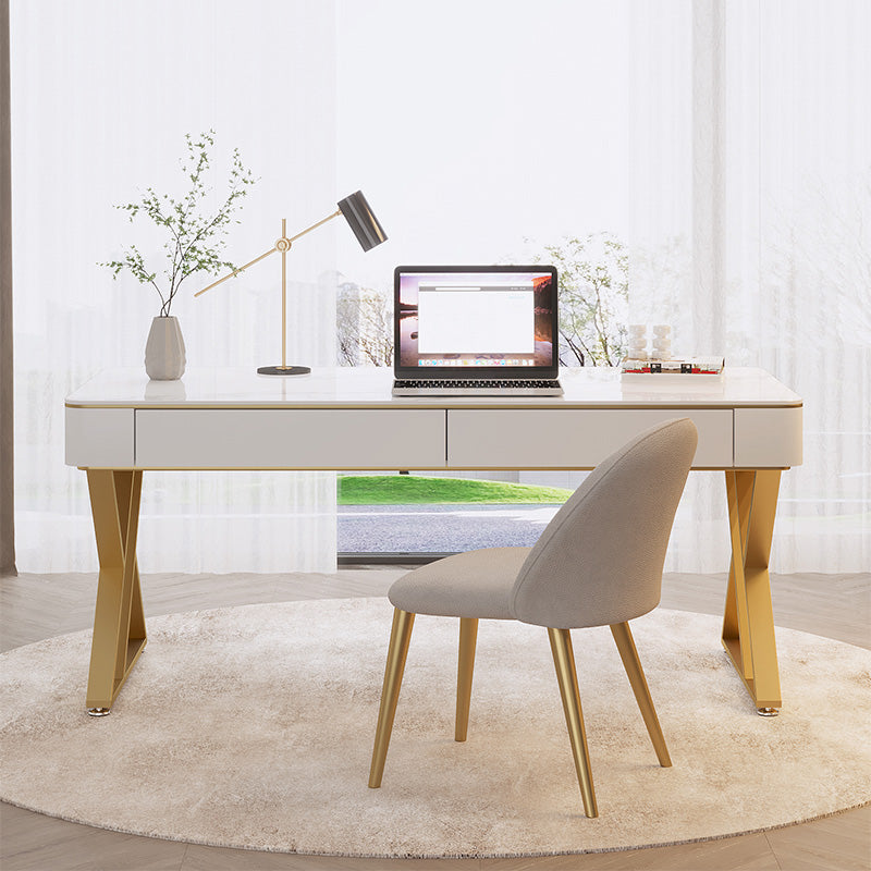 Glam Sintered Stone Office Desk 29.52 H White Writing Desk for Home