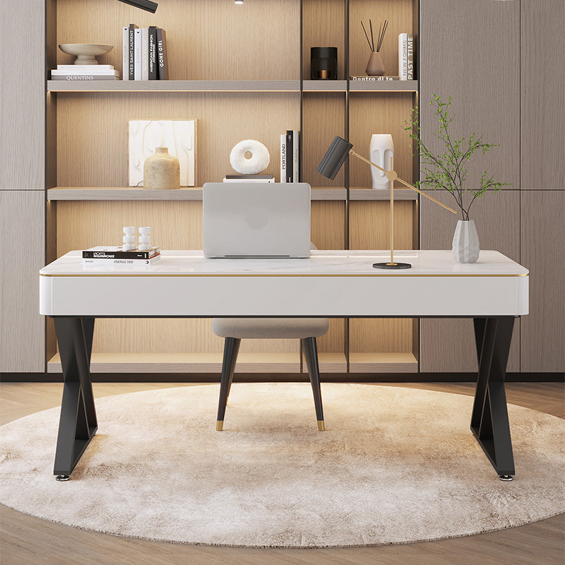 Glam Sintered Stone Office Desk 29.52 H White Writing Desk for Home