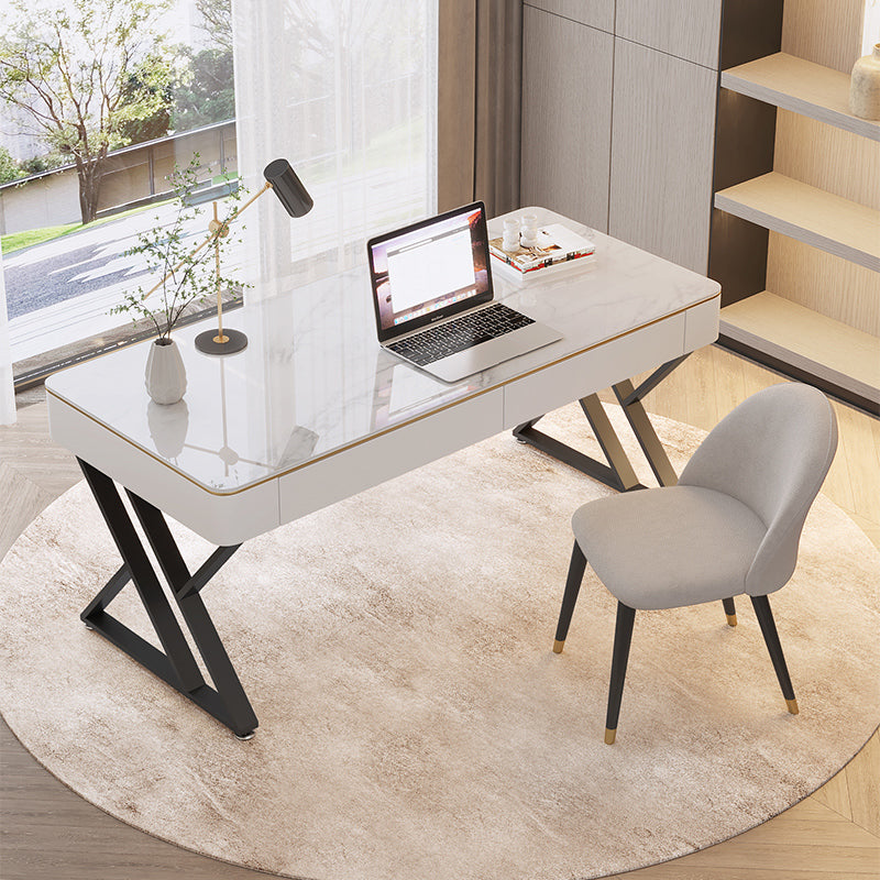 Glam Sintered Stone Office Desk 29.52 H White Writing Desk for Home