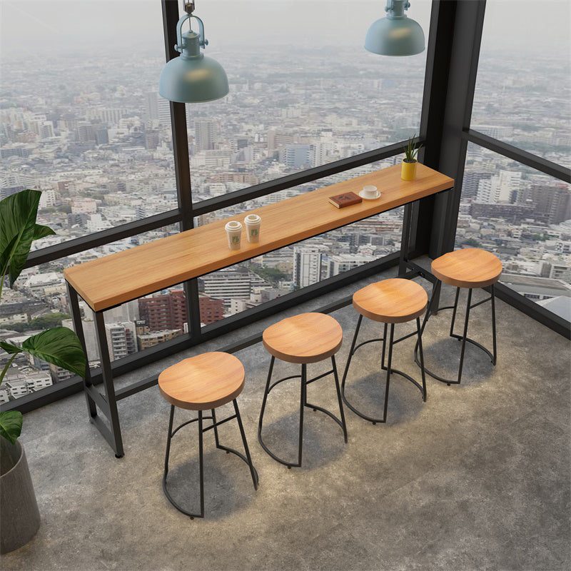 Industrial Bar Dining Table Natural Solid Wood Bistro Bar Table with Metal Base