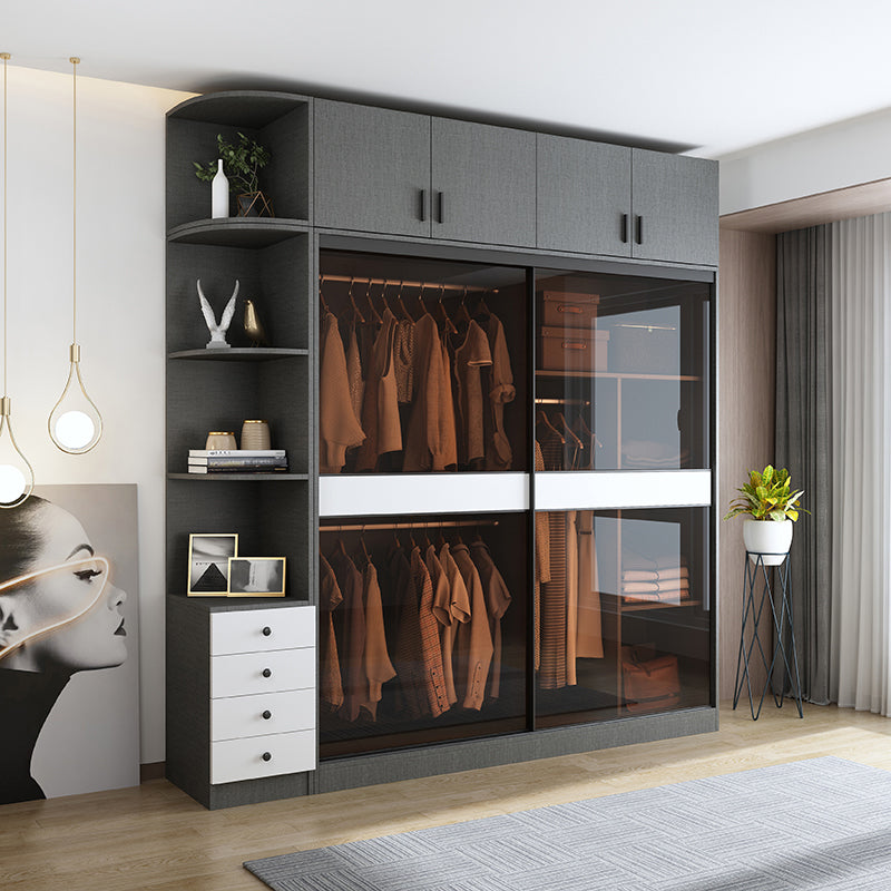 Contemporary Glass Wardrobe Soft Close Door Wardrobe Closet with Garment Rod