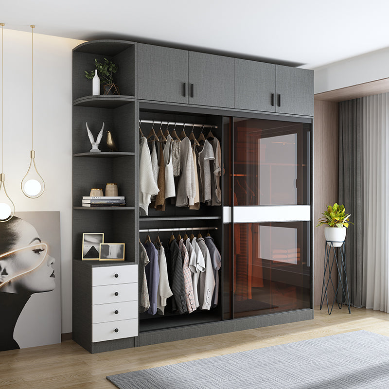 Contemporary Glass Wardrobe Soft Close Door Wardrobe Closet with Garment Rod