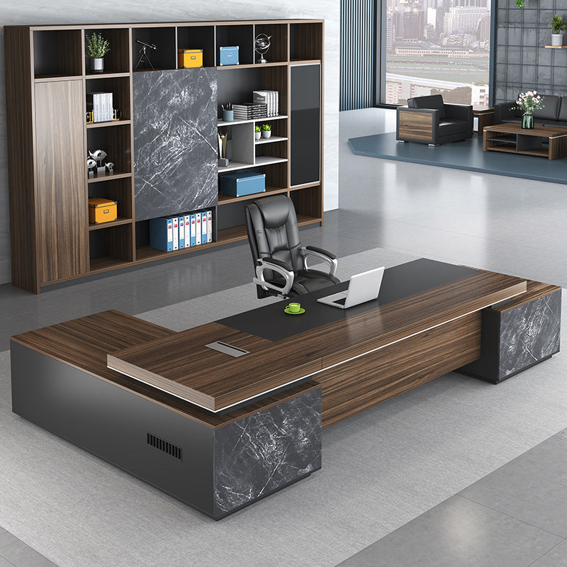 Contemporary Office Desk L-Shape Executive Desk with 2 Storage Drawers