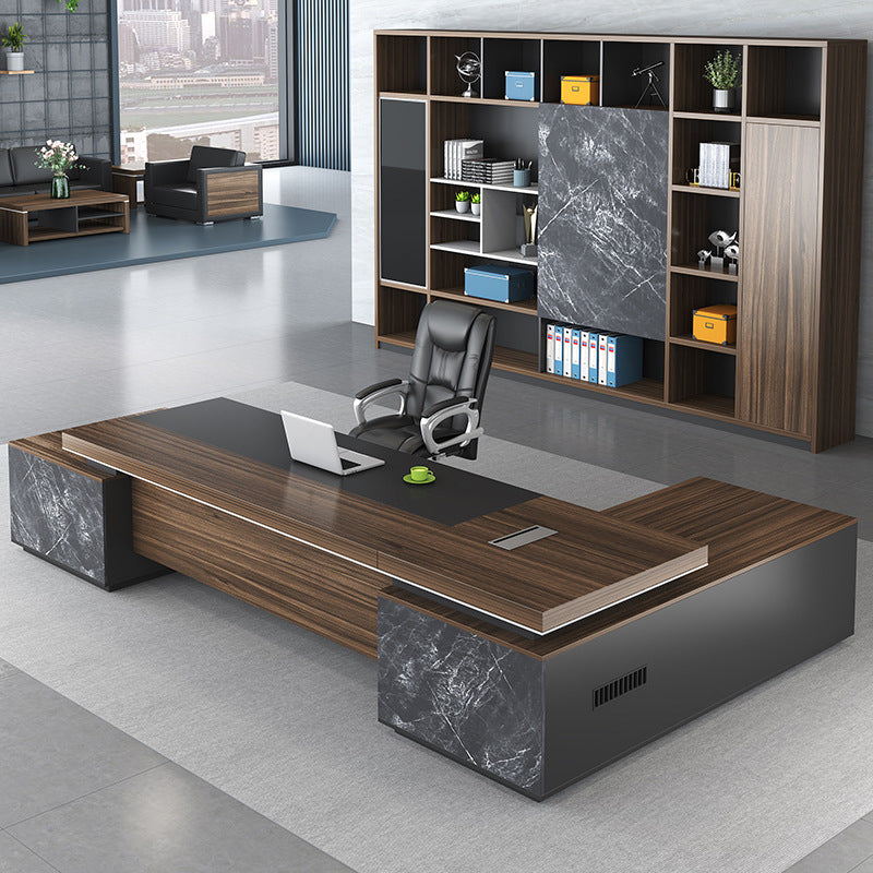 Contemporary Office Desk L-Shape Executive Desk with 2 Storage Drawers