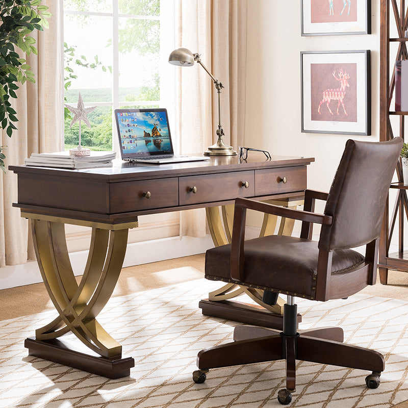 Brown 3-drawer Executive Desk Rectangular with Wooden Legs Office Desk