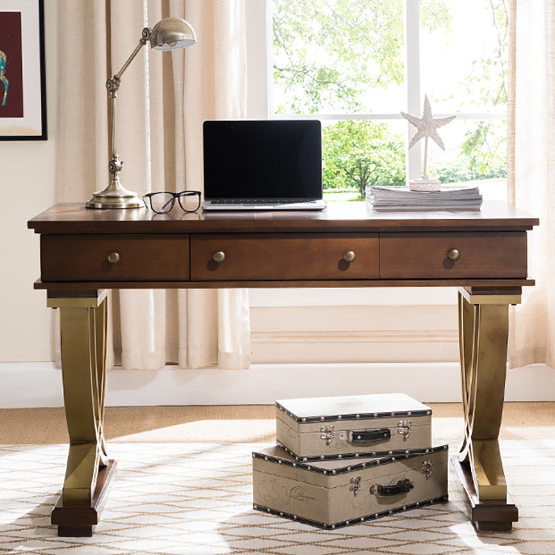 Brown 3-drawer Executive Desk Rectangular with Wooden Legs Office Desk