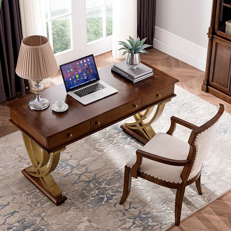 Brown 3-drawer Executive Desk Rectangular with Wooden Legs Office Desk