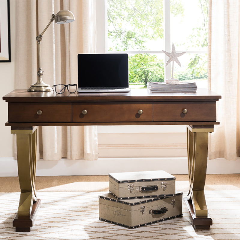 Brown 3-drawer Executive Desk Rectangular with Wooden Legs Office Desk