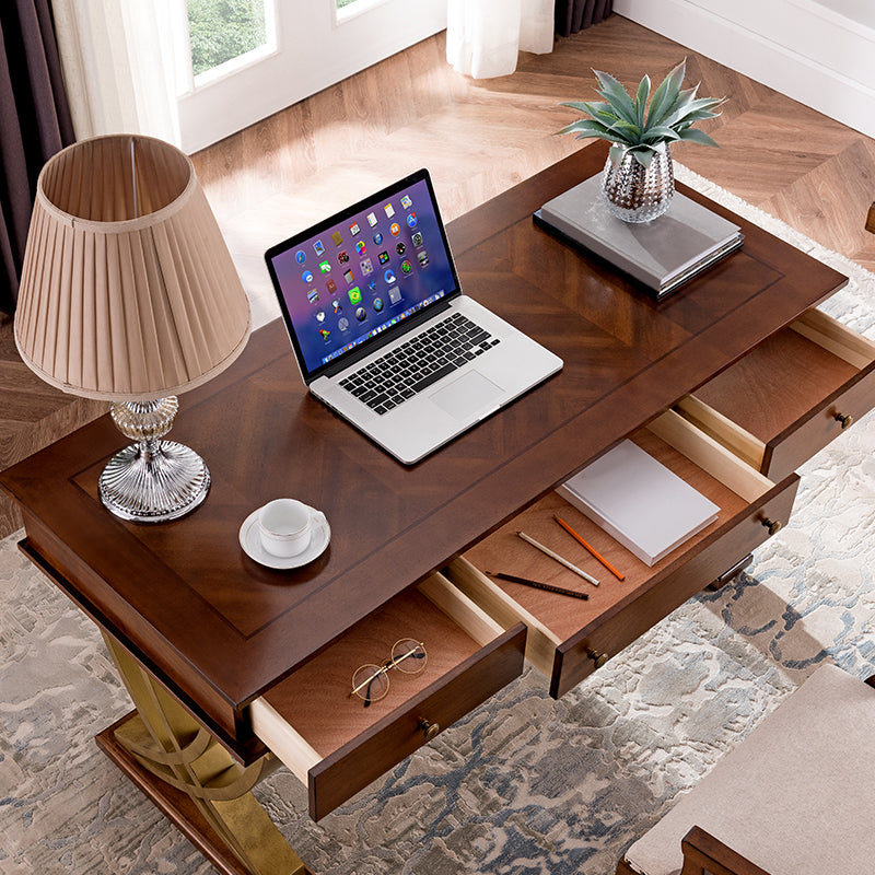 Brown 3-drawer Executive Desk Rectangular with Wooden Legs Office Desk