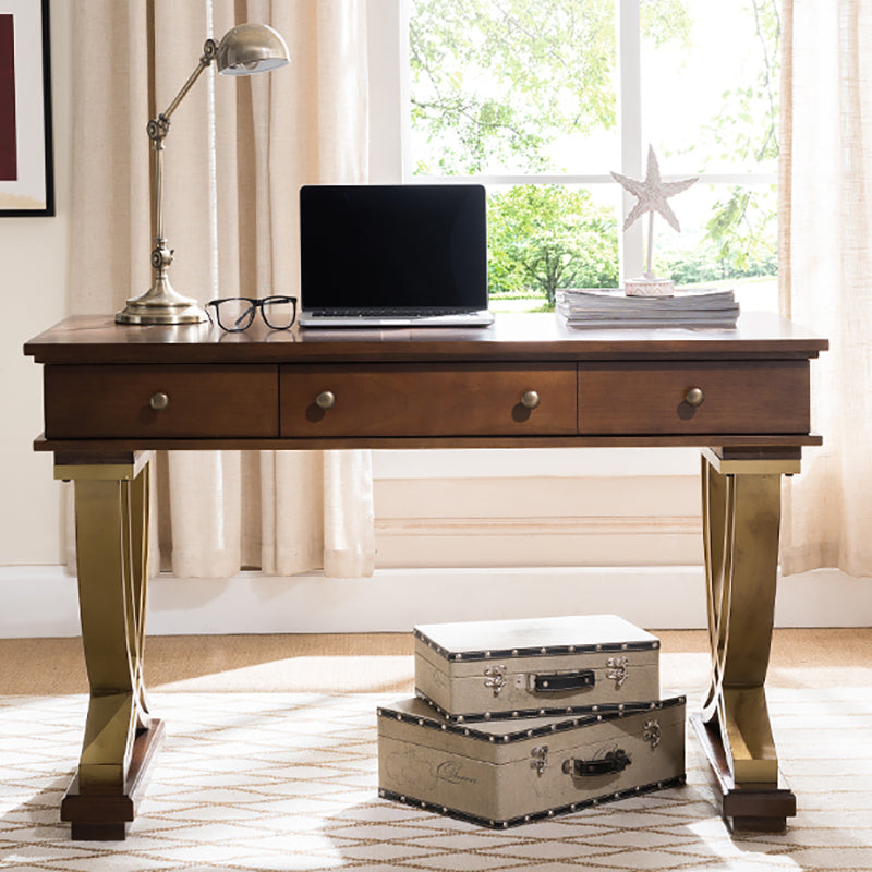 Brown 3-drawer Executive Desk Rectangular with Wooden Legs Office Desk