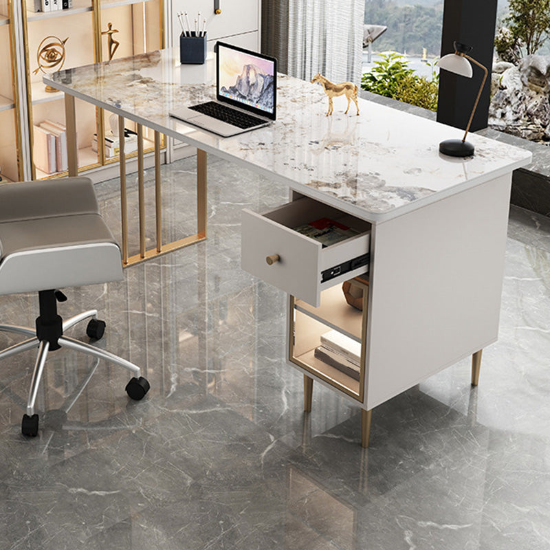 Contemporary Marble Desk for Office 30"H Rectangular Desk with 1 Drawer