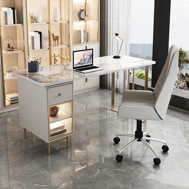 Contemporary Marble Desk for Office 30"H Rectangular Desk with 1 Drawer