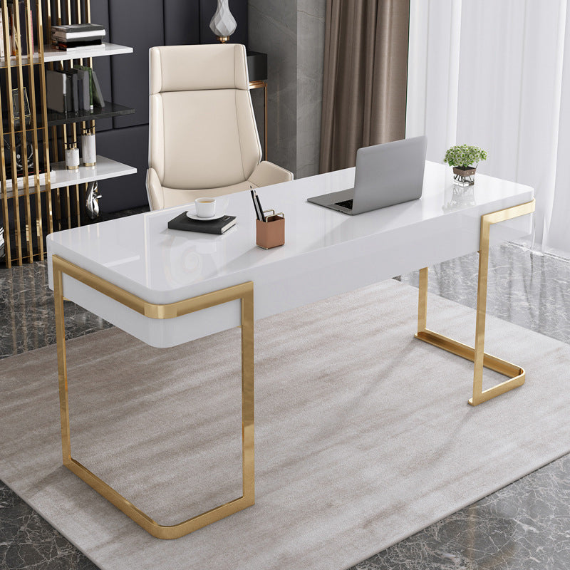 Glam Mirrored Marble Office Desk with Metal Legs Home or Office Desk