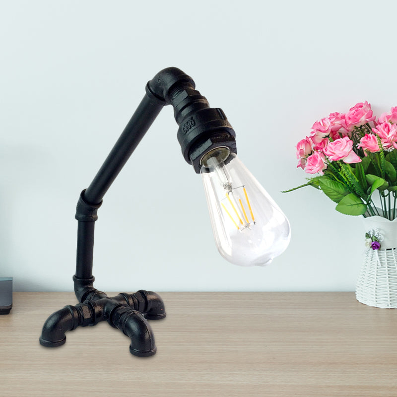 Metallic Bare Bulb Desk Light Vintage 1-Light Bedroom Plug-In Table Lamp in Rust/Black with Cross Pipe Base