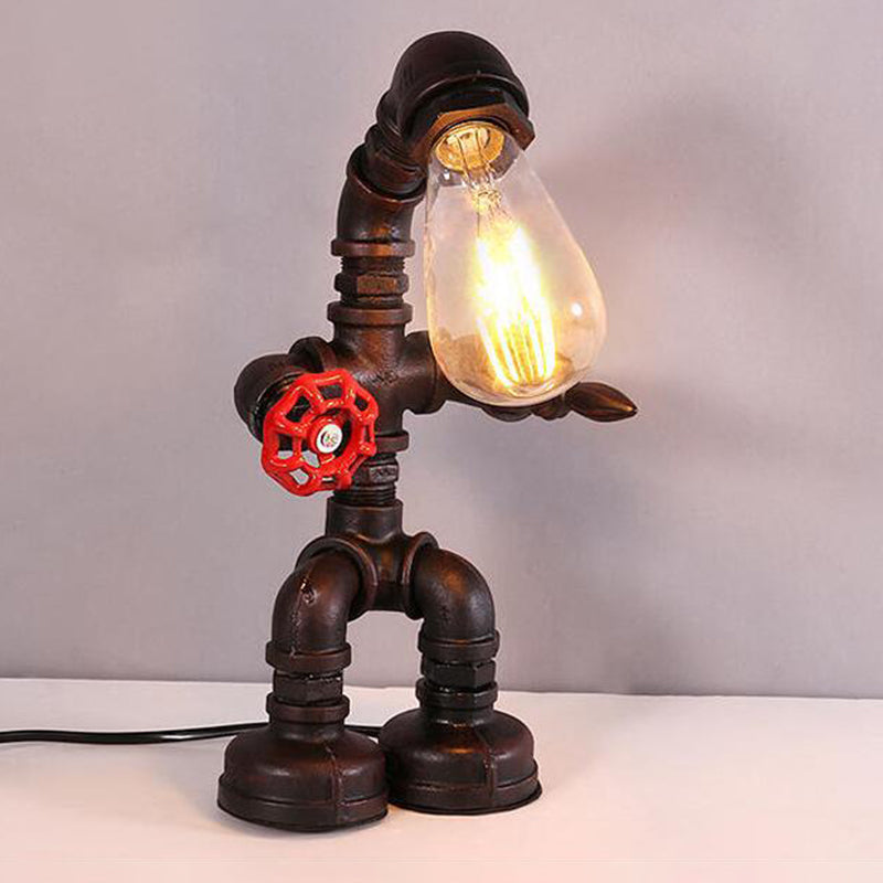 Robot Bedside Night Lighting Vintage Metallic 1-Bulb Bronze Finish Pipe Desk Lamp with Red Valve Deco