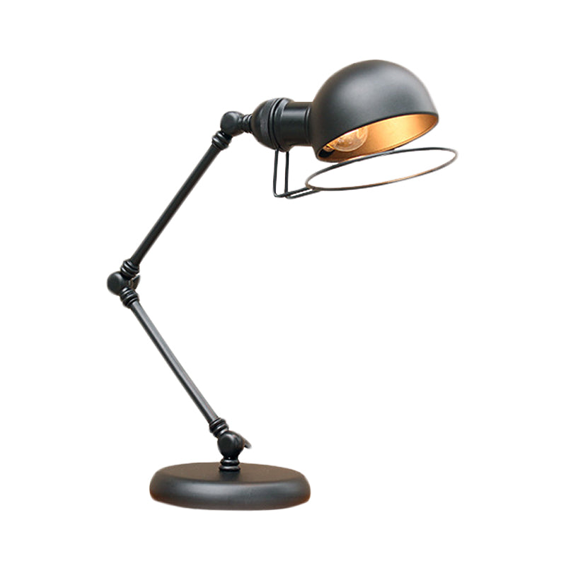 1 Bulb Dome Task Light Industrial Black Finish Metallic Table Lamp with Ring Detail and Swing Arm, 6.5"/8" Width