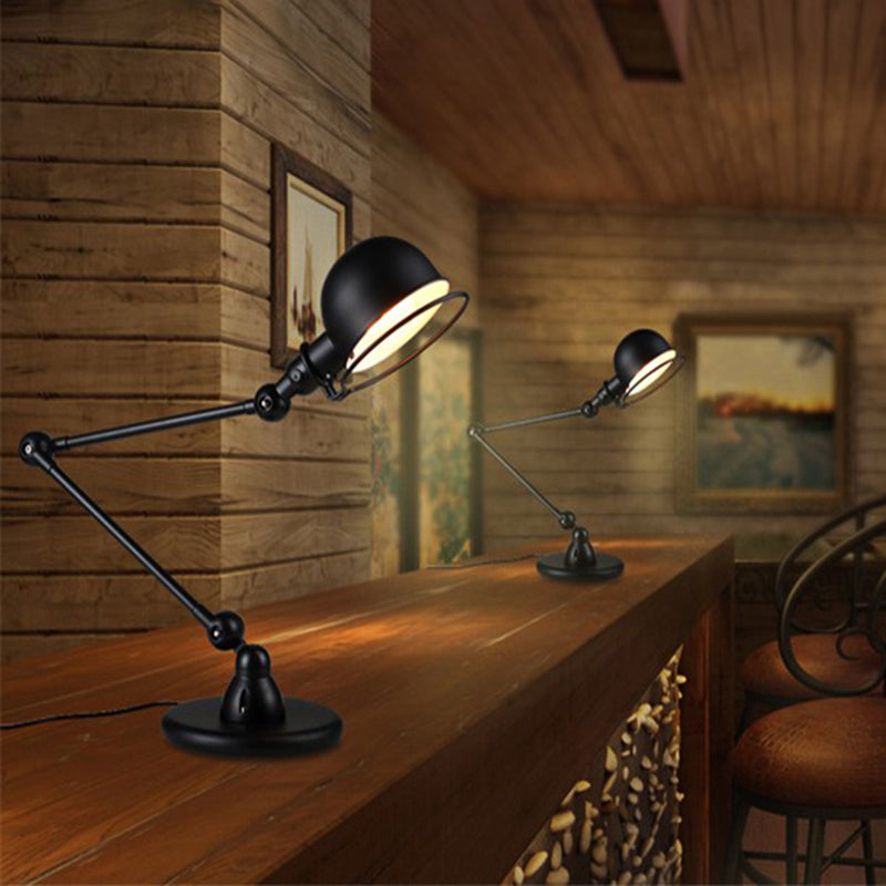 1-Bulb Iron Table Lighting Antiqued Black Finish Swing Arm Restaurant Desk Lamp with Dome and Ring Shade