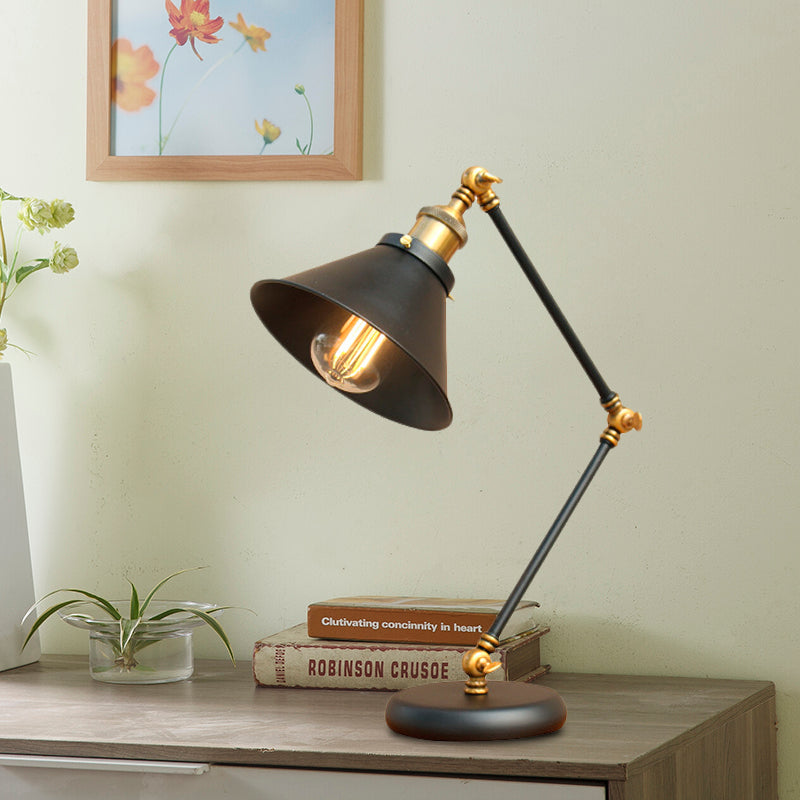 Black/Gold Finish 1 Bulb Desk Light Farmhouse Metallic Swing Arm Nightstand Lamp with Flared Shade