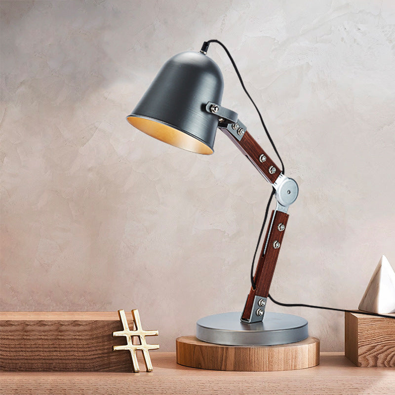 Industrial Bell Table Light 1 Bulb Metallic Plug In Desk Lamp in Black with Swing Wood Arm