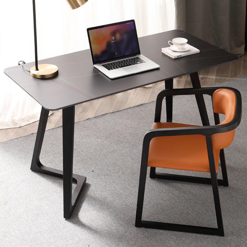 Black Rectangular Office Desk with Black Metal Base Modern Desk