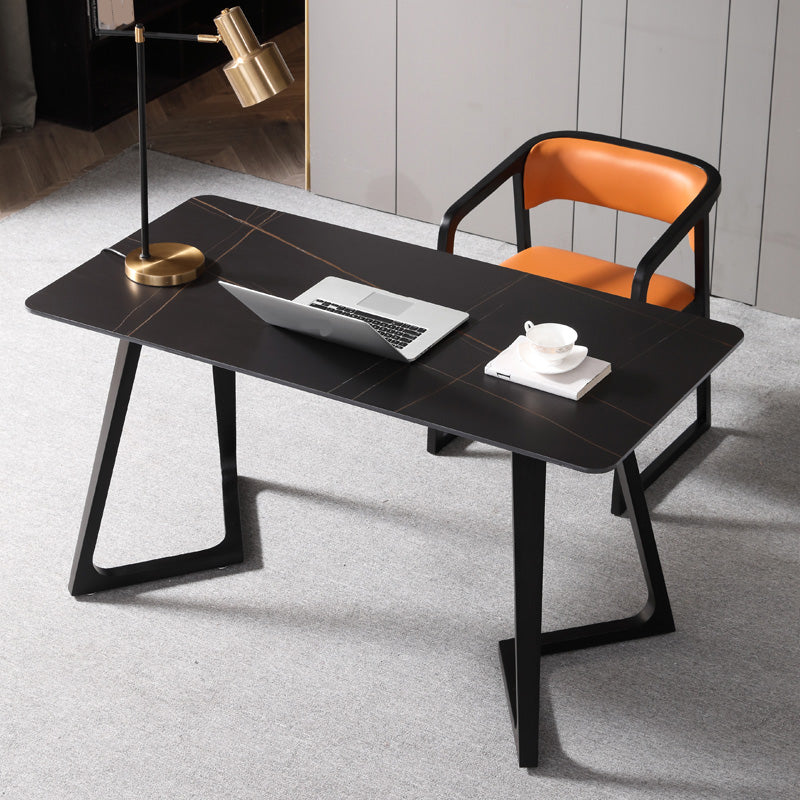 Black Rectangular Office Desk with Black Metal Base Modern Desk