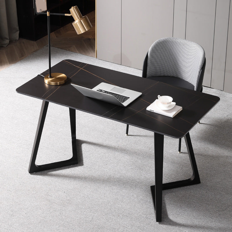 Black Rectangular Office Desk with Black Metal Base Modern Desk