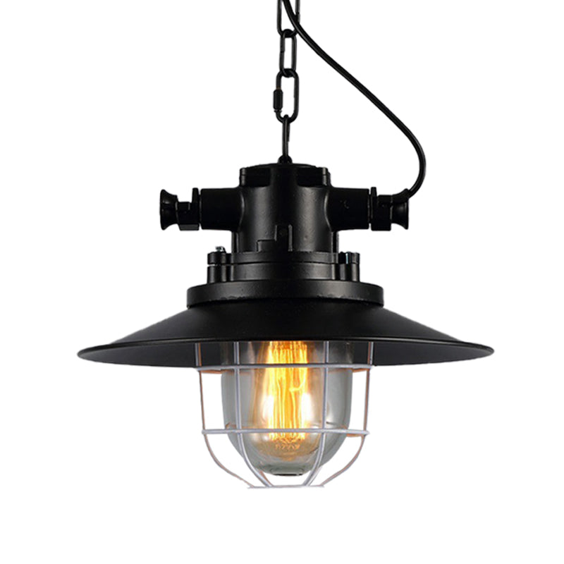 Metal Black Down Lighting Industrial Cagtto a 1 testa lampada a soffitto appesa vintage con tonalità in vetro trasparente