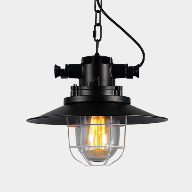 Metal Black Down Lighting Industrial Caged 1-Head Vintage Hanging Ceiling Lamp with Clear Glass Shade