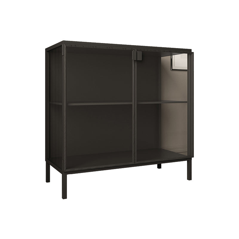 Contemporary Black Dining Server Glass Doors Dining Server with Metallic Finish