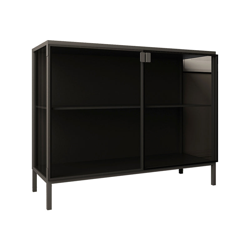 Contemporary Black Dining Server Glass Doors Dining Server with Metallic Finish