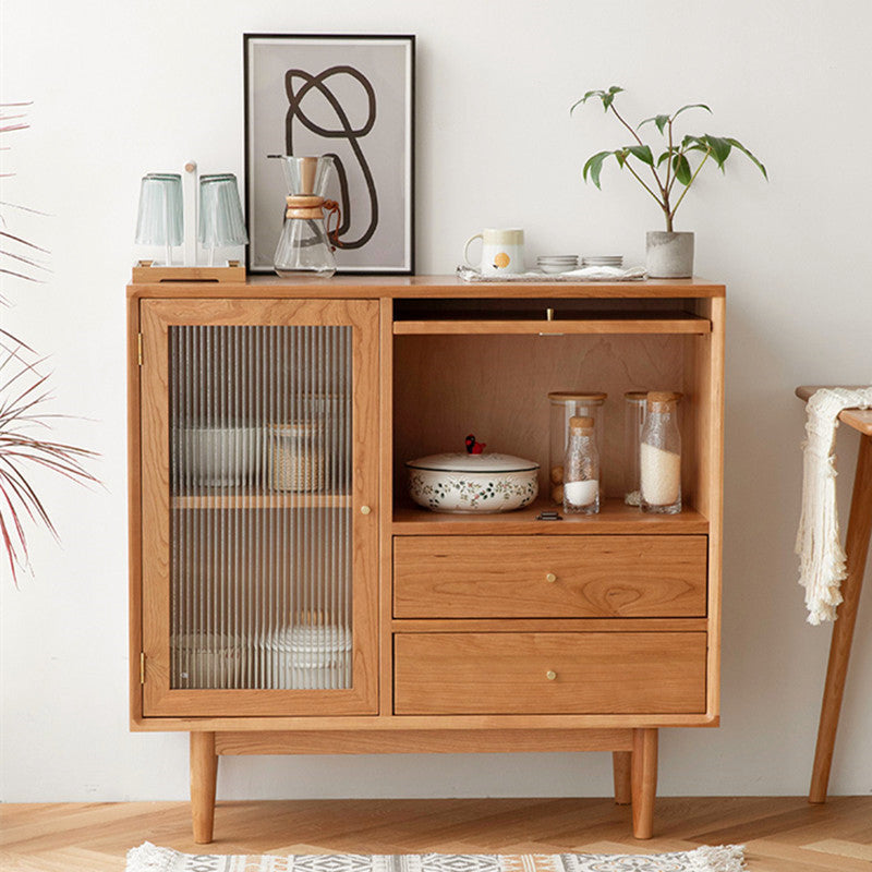 Modern Doors Sideboard Light Brown Pine Solid Wood Buffet Table with 2-Drawer