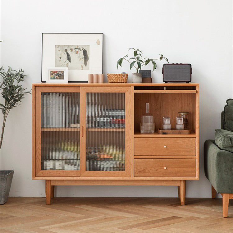 Modern Doors Sideboard Light Brown Pine Solid Wood Buffet Table with 2-Drawer