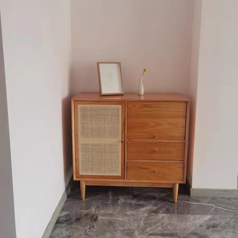 Modern Doors Sideboard Light Brown Pine Solid Wood Buffet Table with 2-Drawer