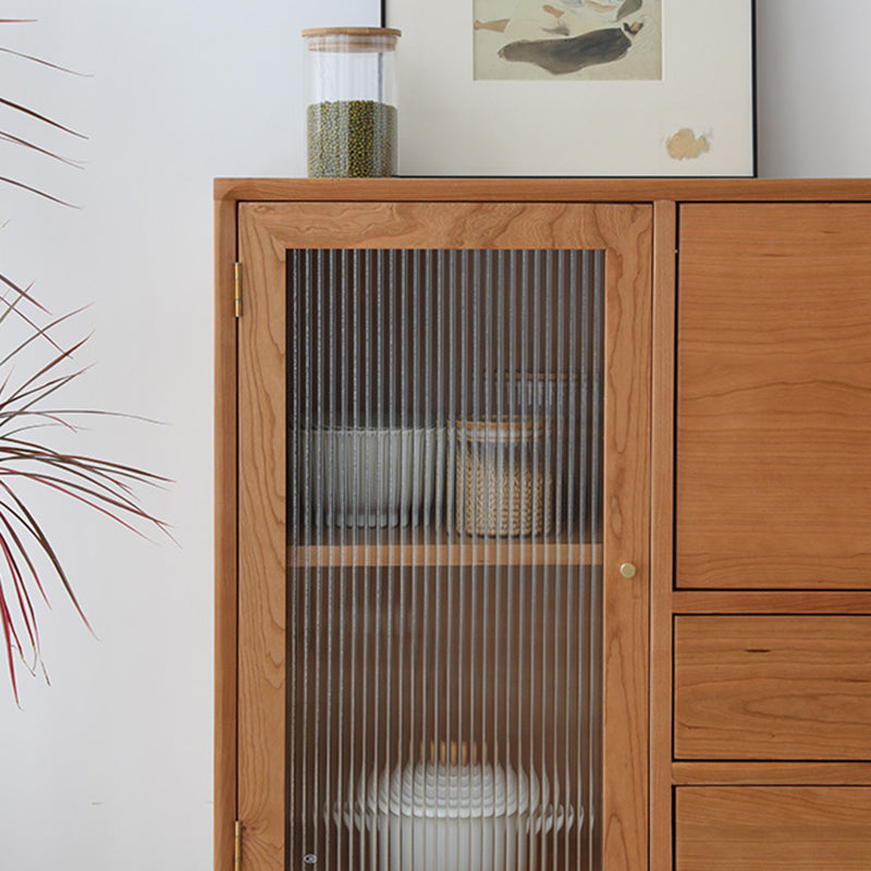 Modern Doors Sideboard Light Brown Pine Solid Wood Buffet Table with 2-Drawer