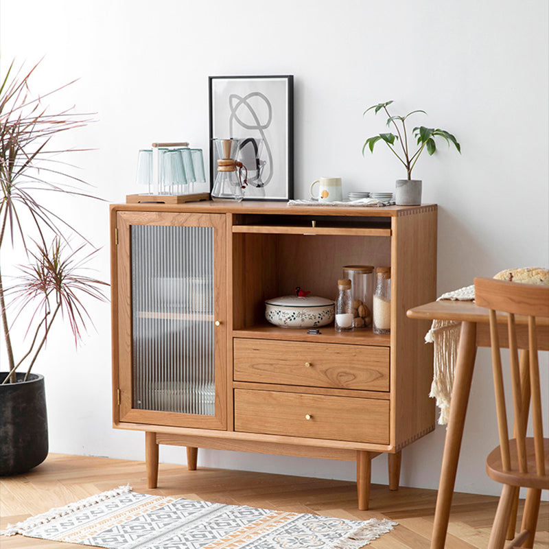 Modern Doors Sideboard Light Brown Pine Solid Wood Buffet Table with 2-Drawer