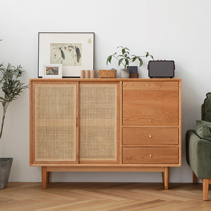 Modern Doors Sideboard Light Brown Pine Solid Wood Buffet Table with 2-Drawer