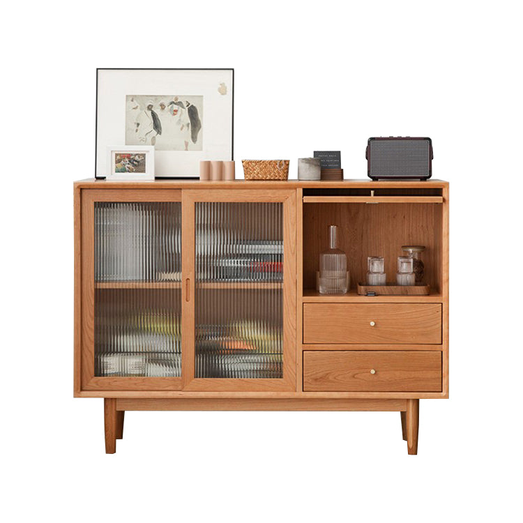 Modern Doors Sideboard Light Brown Pine Solid Wood Buffet Table with 2-Drawer