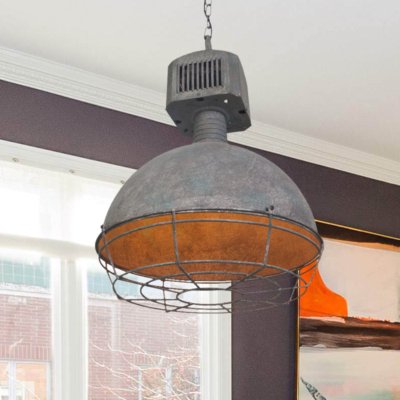 Caged Restaurant Hanging Light Kit Rustic Iron 1 Light Grey Finish Suspended Pendant Lamp with Domed Shade