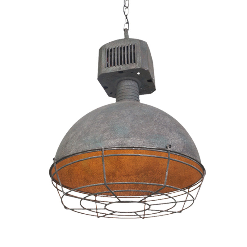 Caged Restaurant Hanging Light Kit Rustic Iron 1 Light Grey Finish Suspended Pendant Lamp with Domed Shade